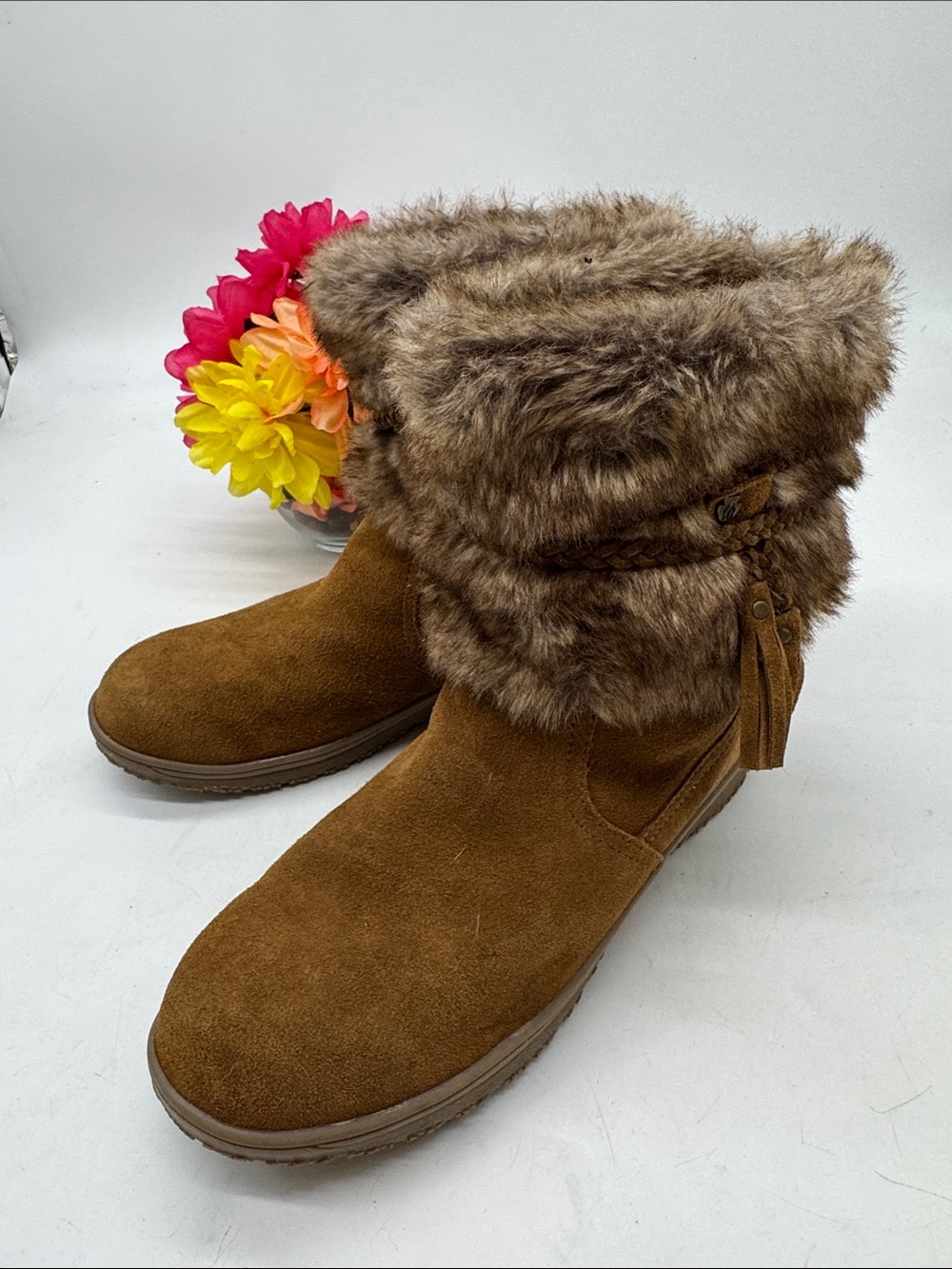 Minnetonka Chestnut Suede Faux-Fur Cuff Ankle Boots Size 10